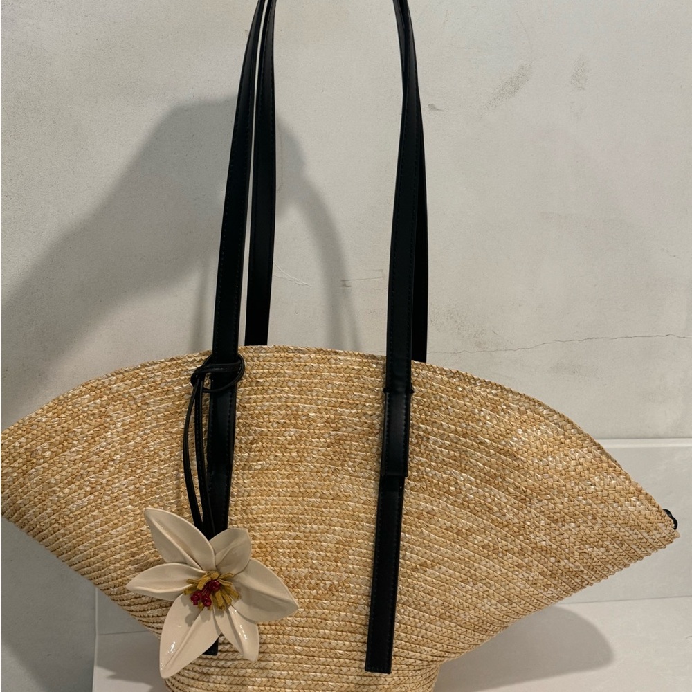 Tan and Black Shoulder Bag with Unique Fan Shape and Woven Texture